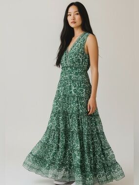 Max Studio Green Floral Tiered Midi Dress